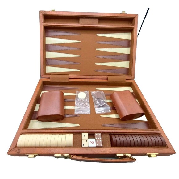 Vtg Backgammon Board Game Faux Leather Case Brown Tan Stripes Farkle Dice Lot - Picture 2 of 11